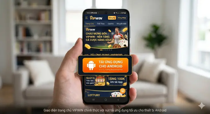 Giao diện trang chủ VIPWIN chính thức với nút tải ứng dụng tối ưu cho thiết bị Android
